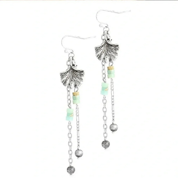 Amazonite Leaf Dangle Earrings Jasper Stone - Picture 3 of 4